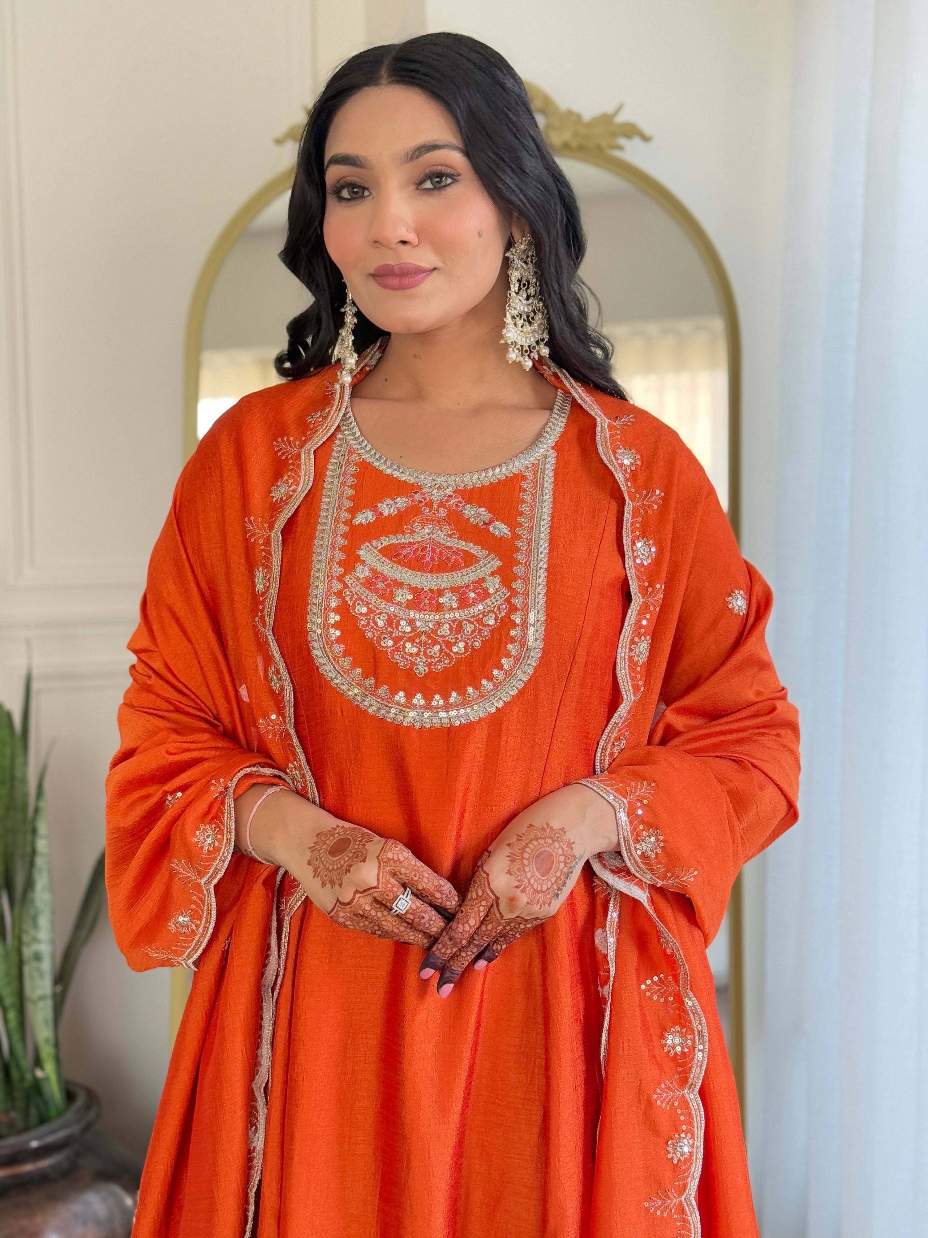 The52 Women's Orange Embroidered Vichitra Silk Fabric Straight Kurta, Pant and Dupatta Set