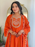 Thumbnail for The52 Women's Orange Embroidered Vichitra Silk Fabric Straight Kurta, Pant and Dupatta Set