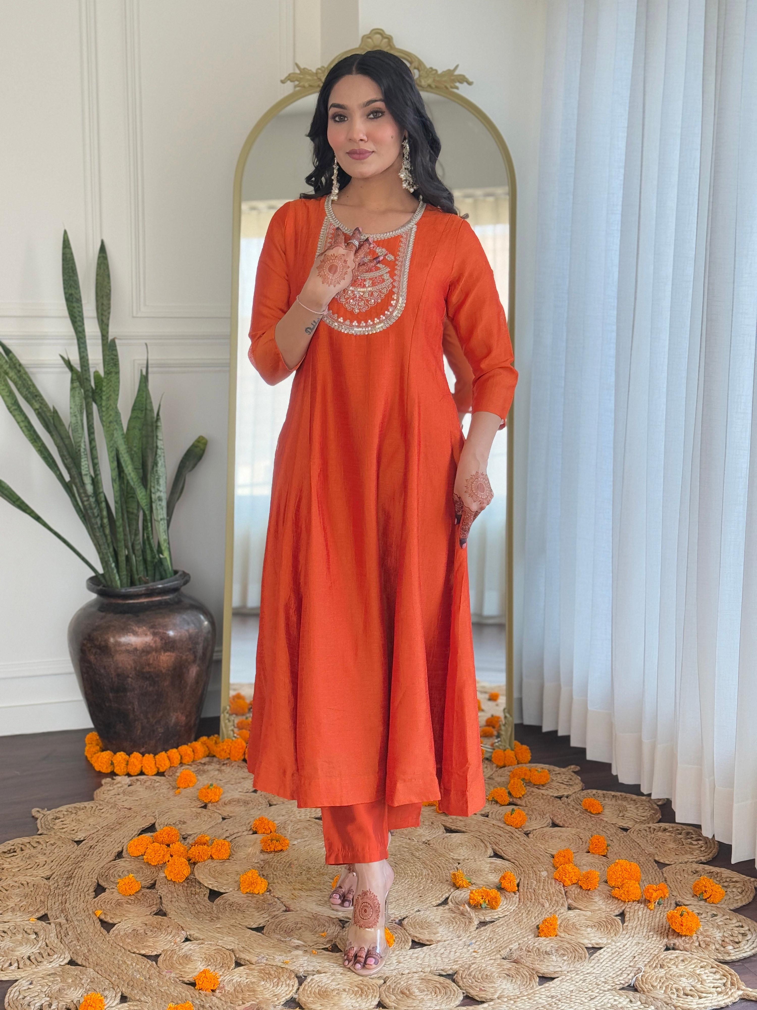 The52 Women's Orange Embroidered Vichitra Silk Fabric Straight Kurta, Pant and Dupatta Set