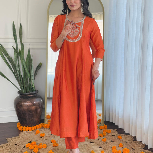 The52 Women's Orange Embroidered Vichitra Silk Fabric Straight Kurta, Pant and Dupatta Set - Distacart