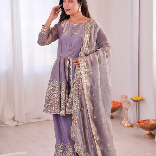Lorenvalley Fashion Lavender Fendy Satin Embroidery Sequins work with Real Mirror Kurta Palazzo with Dupatta - Distacart