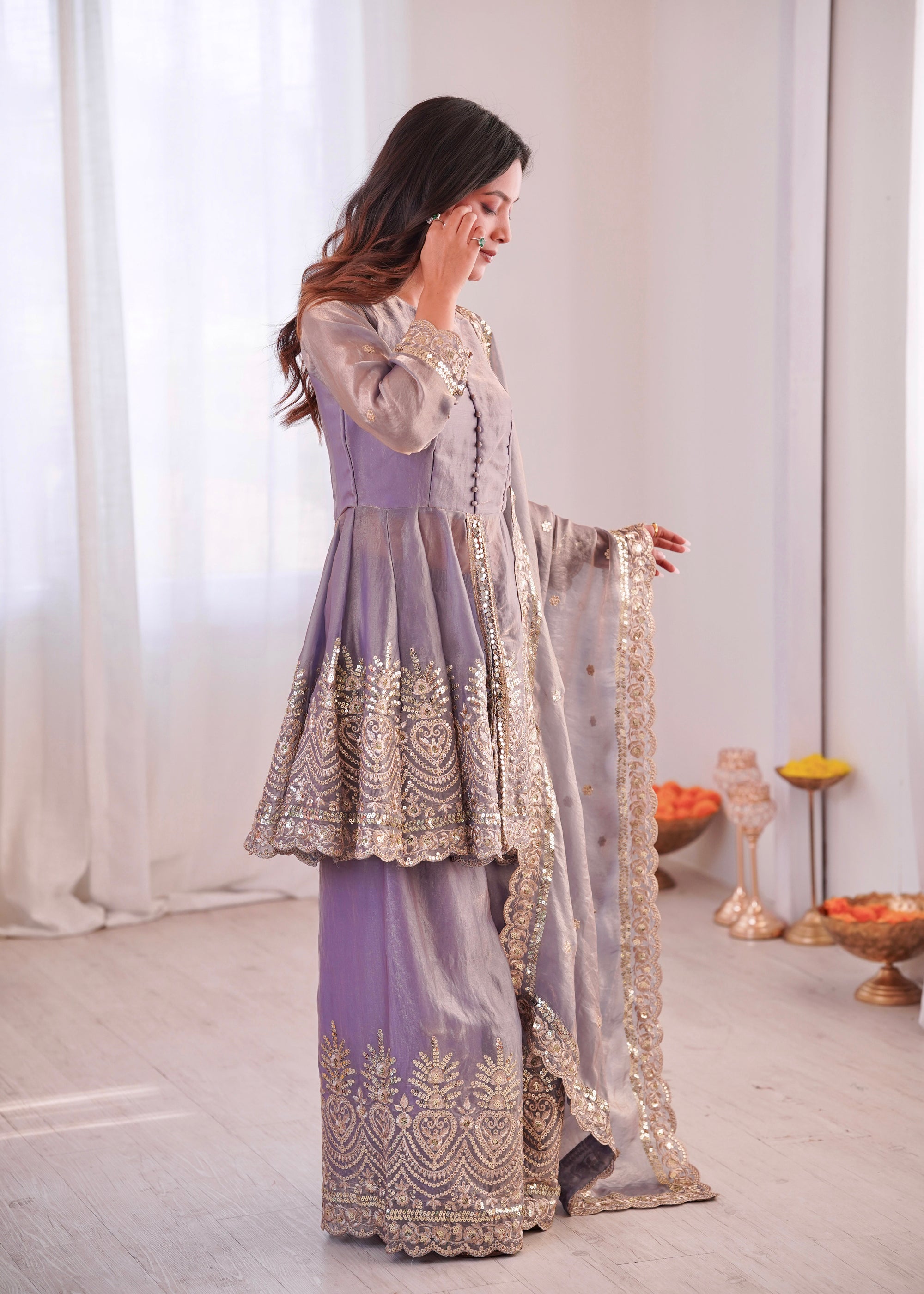Lorenvalley Fashion Lavender Fendy Satin Embroidery Sequins work with Real Mirror Kurta Palazzo with Dupatta - Distacart