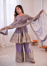 Thumbnail for Lorenvalley Fashion Lavender Fendy Satin Embroidery Sequins work with Real Mirror Kurta Palazzo with Dupatta - Distacart