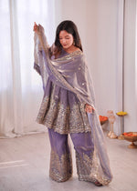 Thumbnail for Lorenvalley Fashion Lavender Fendy Satin Embroidery Sequins work with Real Mirror Kurta Palazzo with Dupatta - Distacart