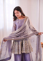 Thumbnail for Lorenvalley Fashion Lavender Fendy Satin Embroidery Sequins work with Real Mirror Kurta Palazzo with Dupatta - Distacart
