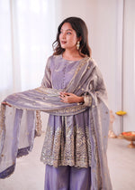 Thumbnail for Lorenvalley Fashion Lavender Fendy Satin Embroidery Sequins work with Real Mirror Kurta Palazzo with Dupatta - Distacart