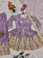Thumbnail for Lorenvalley Fashion Lavender Fendy Satin Embroidery Sequins work with Real Mirror Kurta Palazzo with Dupatta - Distacart
