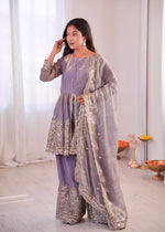 Thumbnail for Lorenvalley Fashion Lavender Fendy Satin Embroidery Sequins work with Real Mirror Kurta Palazzo with Dupatta - Distacart