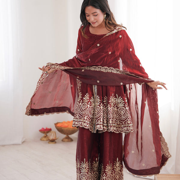 Lorenvalley Fashion Maroon Fendy Satin Embroidery Sequins work with Real Mirror Kurta Palazzo with Dupatta - Distacart