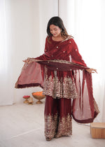 Thumbnail for Lorenvalley Fashion Maroon Fendy Satin Embroidery Sequins work with Real Mirror Kurta Palazzo with Dupatta - Distacart