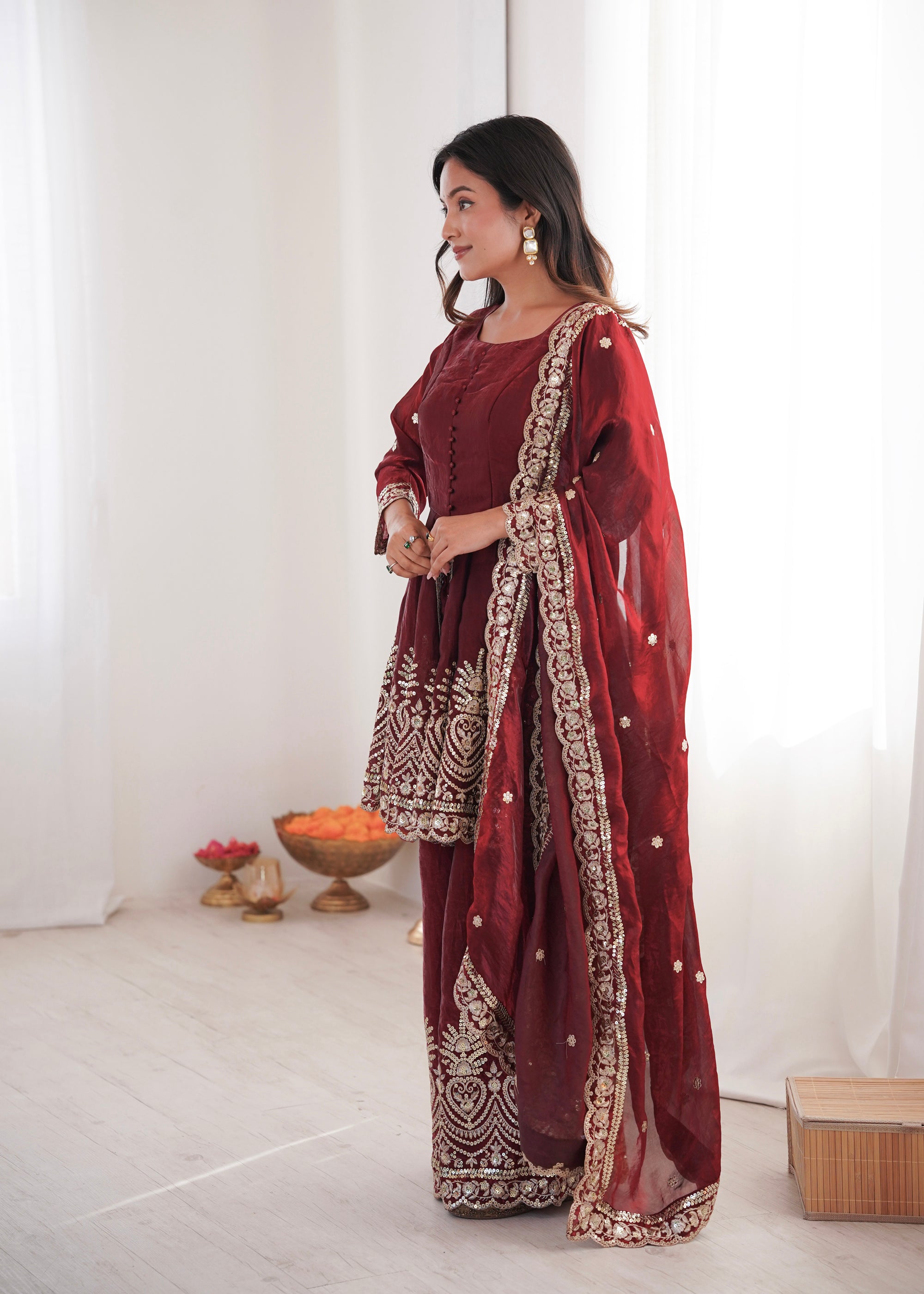 Lorenvalley Fashion Maroon Fendy Satin Embroidery Sequins work with Real Mirror Kurta Palazzo with Dupatta - Distacart