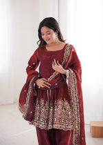 Thumbnail for Lorenvalley Fashion Maroon Fendy Satin Embroidery Sequins work with Real Mirror Kurta Palazzo with Dupatta - Distacart