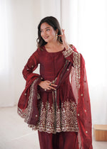 Thumbnail for Lorenvalley Fashion Maroon Fendy Satin Embroidery Sequins work with Real Mirror Kurta Palazzo with Dupatta - Distacart