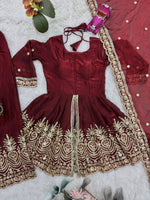 Thumbnail for Lorenvalley Fashion Maroon Fendy Satin Embroidery Sequins work with Real Mirror Kurta Palazzo with Dupatta - Distacart