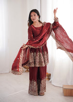 Thumbnail for Lorenvalley Fashion Maroon Fendy Satin Embroidery Sequins work with Real Mirror Kurta Palazzo with Dupatta - Distacart