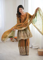 Thumbnail for Lorenvalley Fashion Mehendi Fendy Satin Embroidery Sequins work with Real Mirror Kurta Palazzo with Dupatta - Distacart