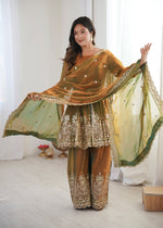 Thumbnail for Lorenvalley Fashion Mehendi Fendy Satin Embroidery Sequins work with Real Mirror Kurta Palazzo with Dupatta - Distacart
