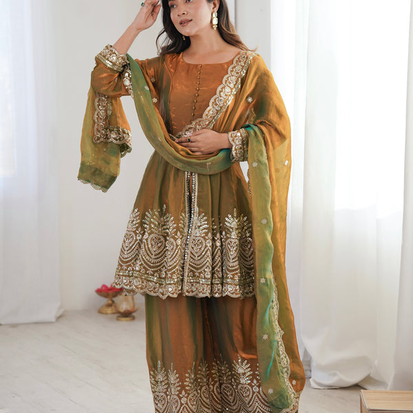 Lorenvalley Fashion Mehendi Fendy Satin Embroidery Sequins work with Real Mirror Kurta Palazzo with Dupatta - Distacart