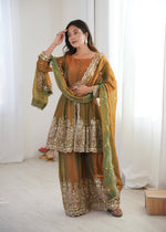 Thumbnail for Lorenvalley Fashion Mehendi Fendy Satin Embroidery Sequins work with Real Mirror Kurta Palazzo with Dupatta - Distacart