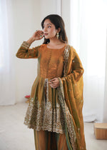 Thumbnail for Lorenvalley Fashion Mehendi Fendy Satin Embroidery Sequins work with Real Mirror Kurta Palazzo with Dupatta - Distacart