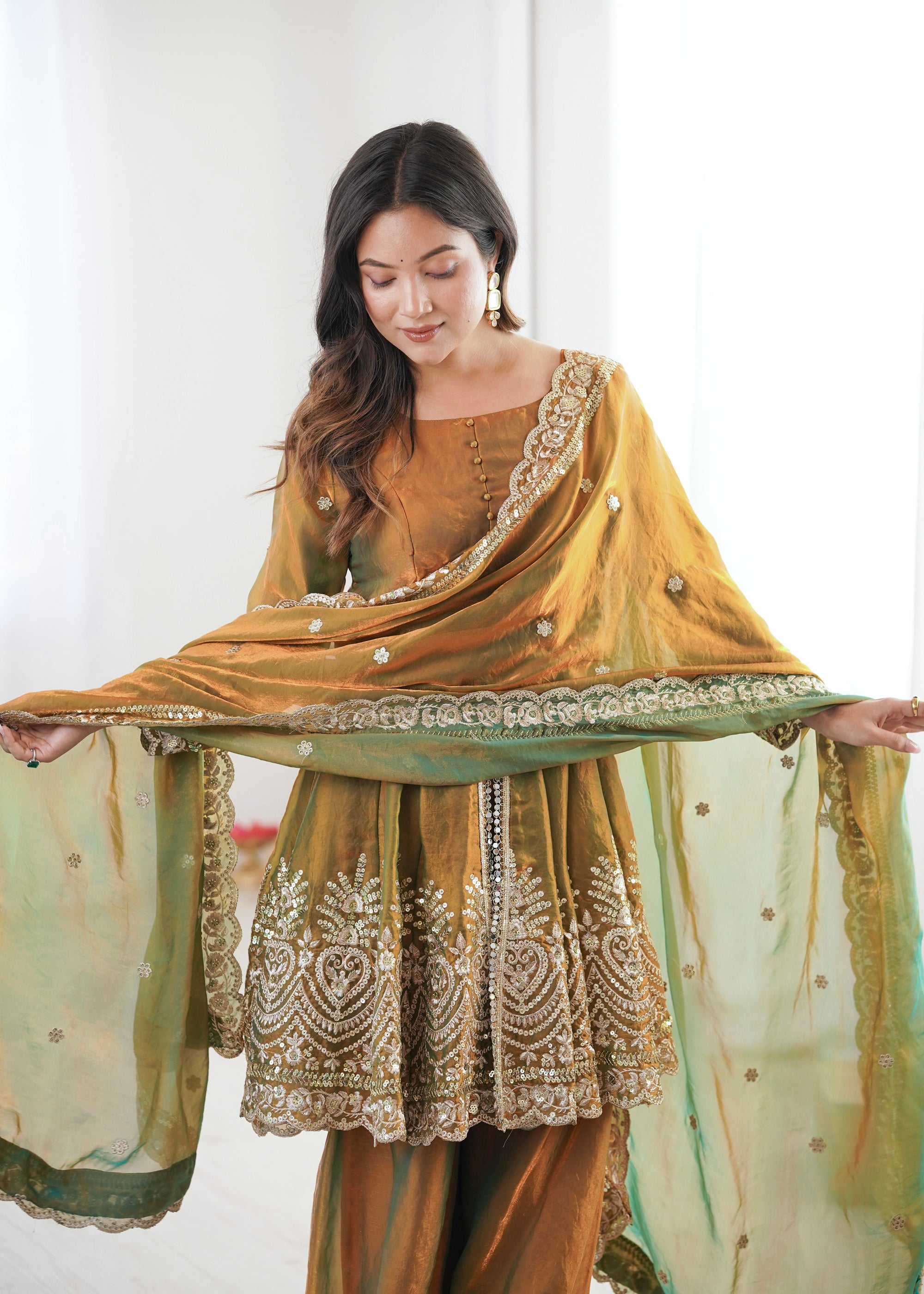 Lorenvalley Fashion Mehendi Fendy Satin Embroidery Sequins work with Real Mirror Kurta Palazzo with Dupatta - Distacart