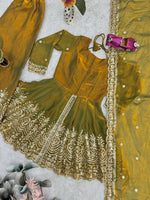 Thumbnail for Lorenvalley Fashion Mehendi Fendy Satin Embroidery Sequins work with Real Mirror Kurta Palazzo with Dupatta - Distacart