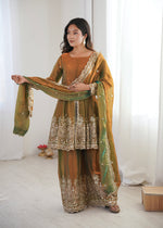 Thumbnail for Lorenvalley Fashion Mehendi Fendy Satin Embroidery Sequins work with Real Mirror Kurta Palazzo with Dupatta - Distacart