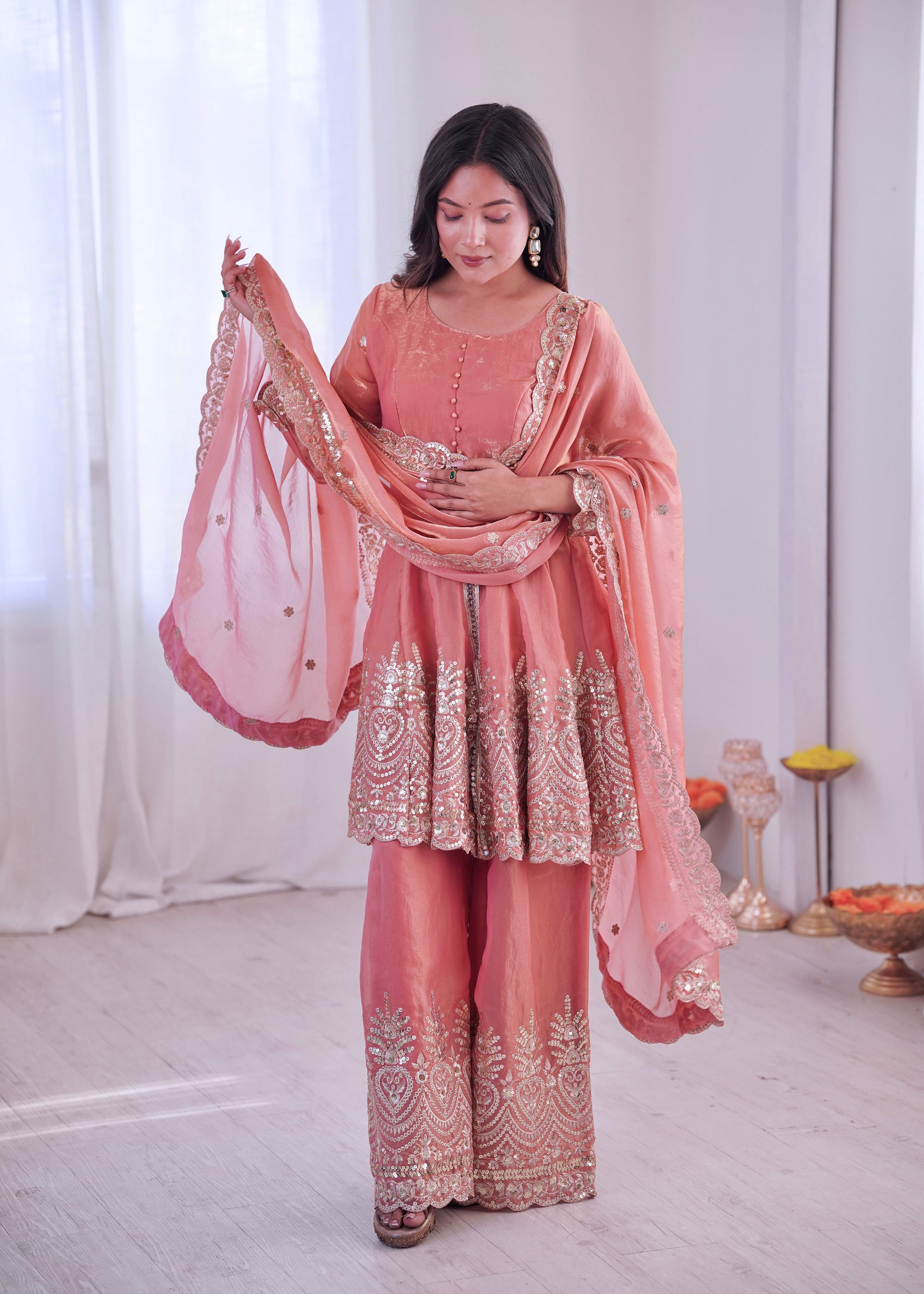 Lorenvalley Fashion Peach Fendy Satin Embroidery Sequins work with Real Mirror Kurta Palazzo with Dupatta - Distacart