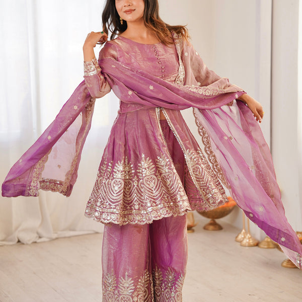 Lorenvalley Fashion Pink Fendy Satin Embroidery Sequins work with Real Mirror Kurta Palazzo with Dupatta - Distacart