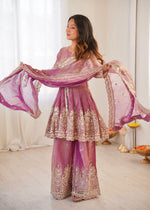 Thumbnail for Lorenvalley Fashion Pink Fendy Satin Embroidery Sequins work with Real Mirror Kurta Palazzo with Dupatta - Distacart