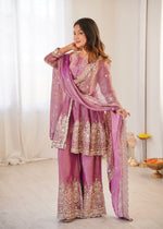 Thumbnail for Lorenvalley Fashion Pink Fendy Satin Embroidery Sequins work with Real Mirror Kurta Palazzo with Dupatta - Distacart
