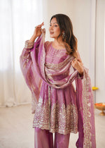 Thumbnail for Lorenvalley Fashion Pink Fendy Satin Embroidery Sequins work with Real Mirror Kurta Palazzo with Dupatta - Distacart