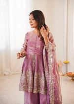Thumbnail for Lorenvalley Fashion Pink Fendy Satin Embroidery Sequins work with Real Mirror Kurta Palazzo with Dupatta - Distacart