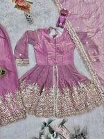Thumbnail for Lorenvalley Fashion Pink Fendy Satin Embroidery Sequins work with Real Mirror Kurta Palazzo with Dupatta - Distacart
