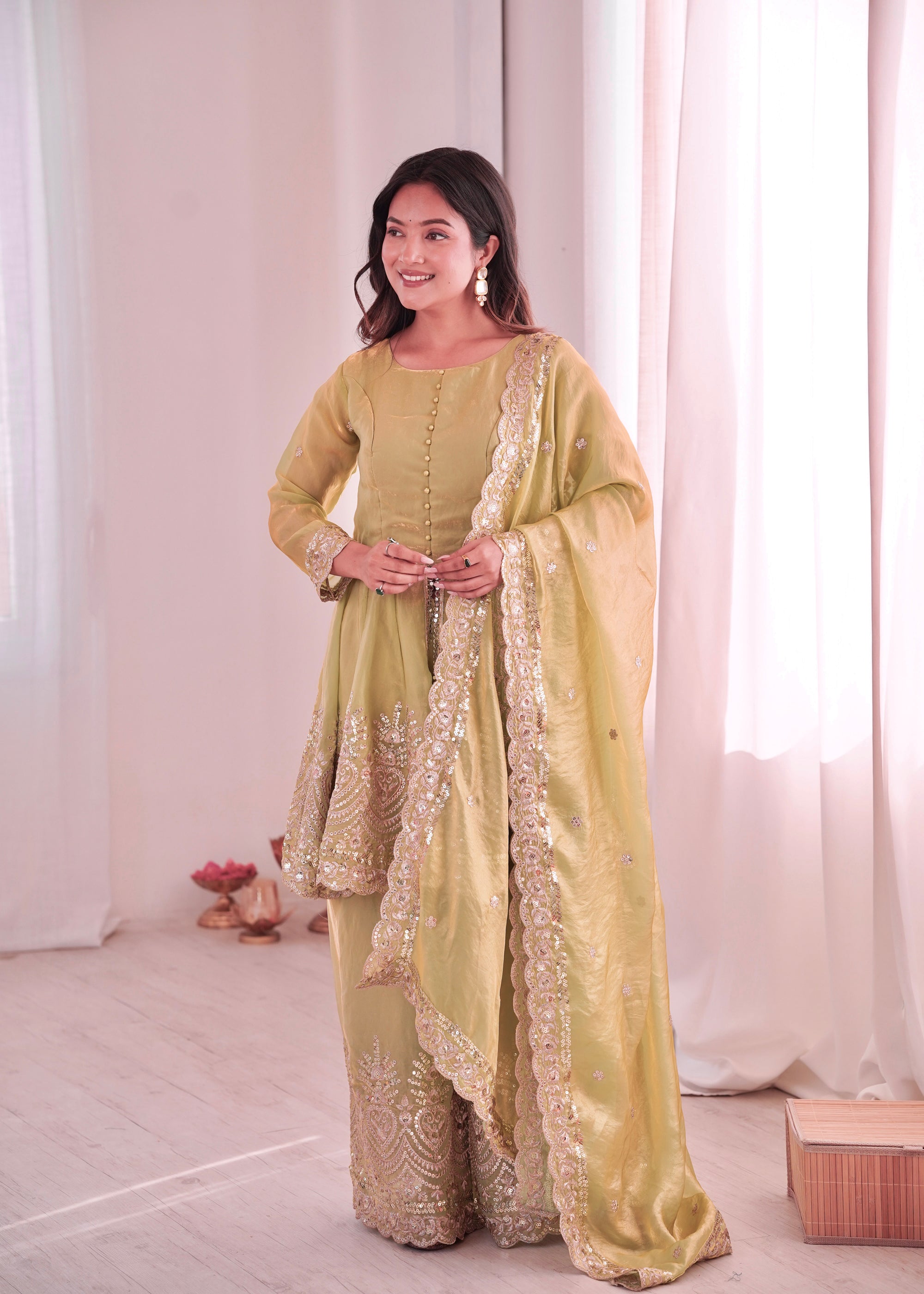 Lorenvalley Fashion Pista Green Fendy Satin Embroidery Sequins work with Real Mirror Kurta Palazzo with Dupatta - Distacart