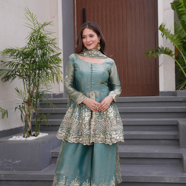 Lorenvalley Fashion Seagreen Fendy Satin Embroidery Sequins work with Real Mirror Kurta Palazzo with Dupatta - Distacart