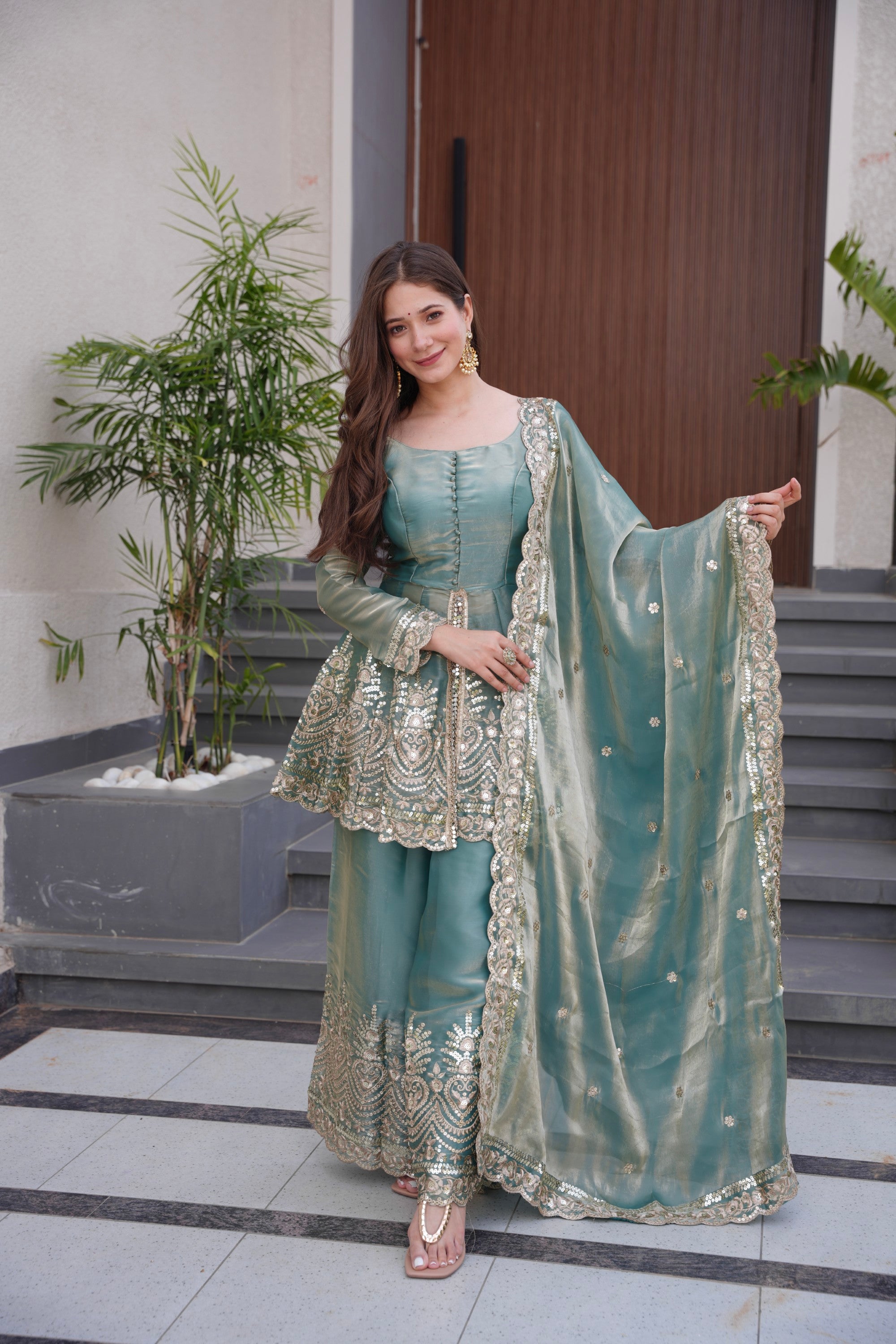 Lorenvalley Fashion Seagreen Fendy Satin Embroidery Sequins work with Real Mirror Kurta Palazzo with Dupatta - Distacart