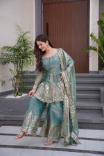 Thumbnail for Lorenvalley Fashion Seagreen Fendy Satin Embroidery Sequins work with Real Mirror Kurta Palazzo with Dupatta - Distacart