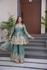 Thumbnail for Lorenvalley Fashion Seagreen Fendy Satin Embroidery Sequins work with Real Mirror Kurta Palazzo with Dupatta - Distacart