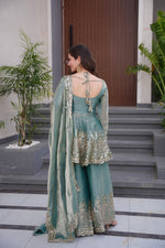 Thumbnail for Lorenvalley Fashion Seagreen Fendy Satin Embroidery Sequins work with Real Mirror Kurta Palazzo with Dupatta - Distacart
