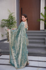 Thumbnail for Lorenvalley Fashion Seagreen Fendy Satin Embroidery Sequins work with Real Mirror Kurta Palazzo with Dupatta - Distacart