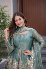 Thumbnail for Lorenvalley Fashion Seagreen Fendy Satin Embroidery Sequins work with Real Mirror Kurta Palazzo with Dupatta - Distacart