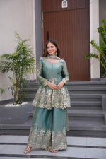 Thumbnail for Lorenvalley Fashion Seagreen Fendy Satin Embroidery Sequins work with Real Mirror Kurta Palazzo with Dupatta - Distacart