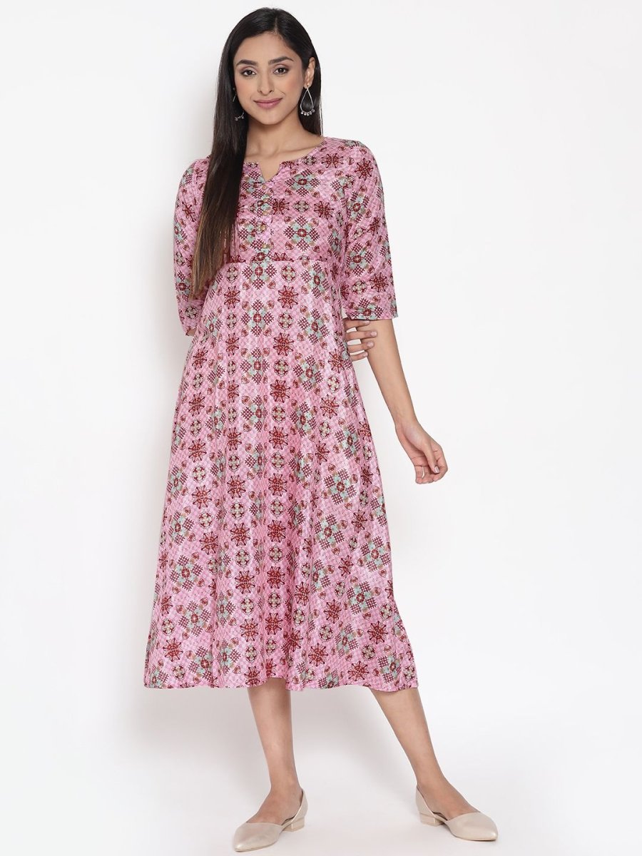 AURELIA Pink Floral Ethnic A-Line Midi Dress - Distacart