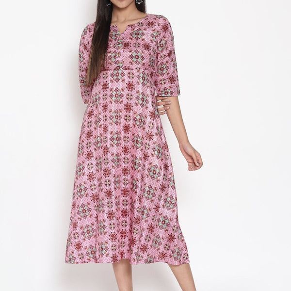 AURELIA Pink Floral Ethnic A-Line Midi Dress - Distacart