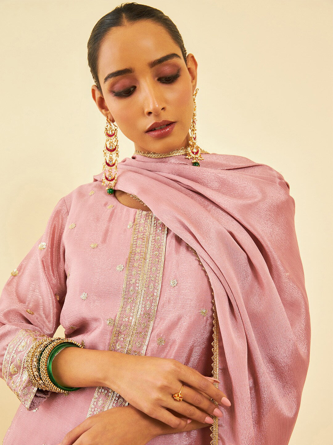 Soch Pink Ethnic Motifs Embroidered Regular Sequinned Kurta With Palazzos & Dupatta - Distacart
