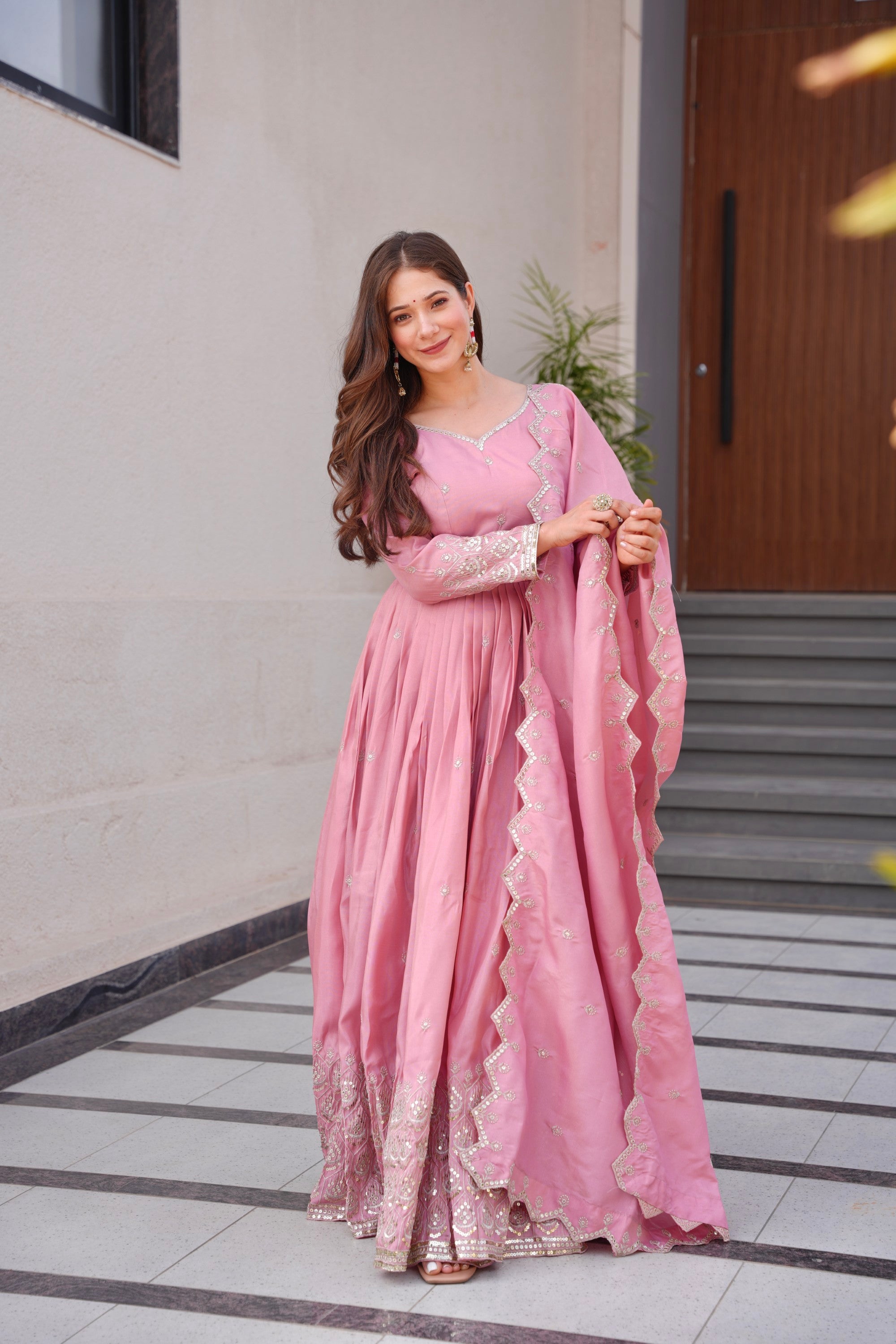 Lorenvalley Fashion Pink Shimmer Silk with Embroidery Sequins Work Anarkali Gown with Dupatta - Distacart