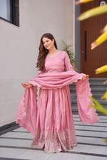 Thumbnail for Lorenvalley Fashion Pink Shimmer Silk with Embroidery Sequins Work Anarkali Gown with Dupatta - Distacart
