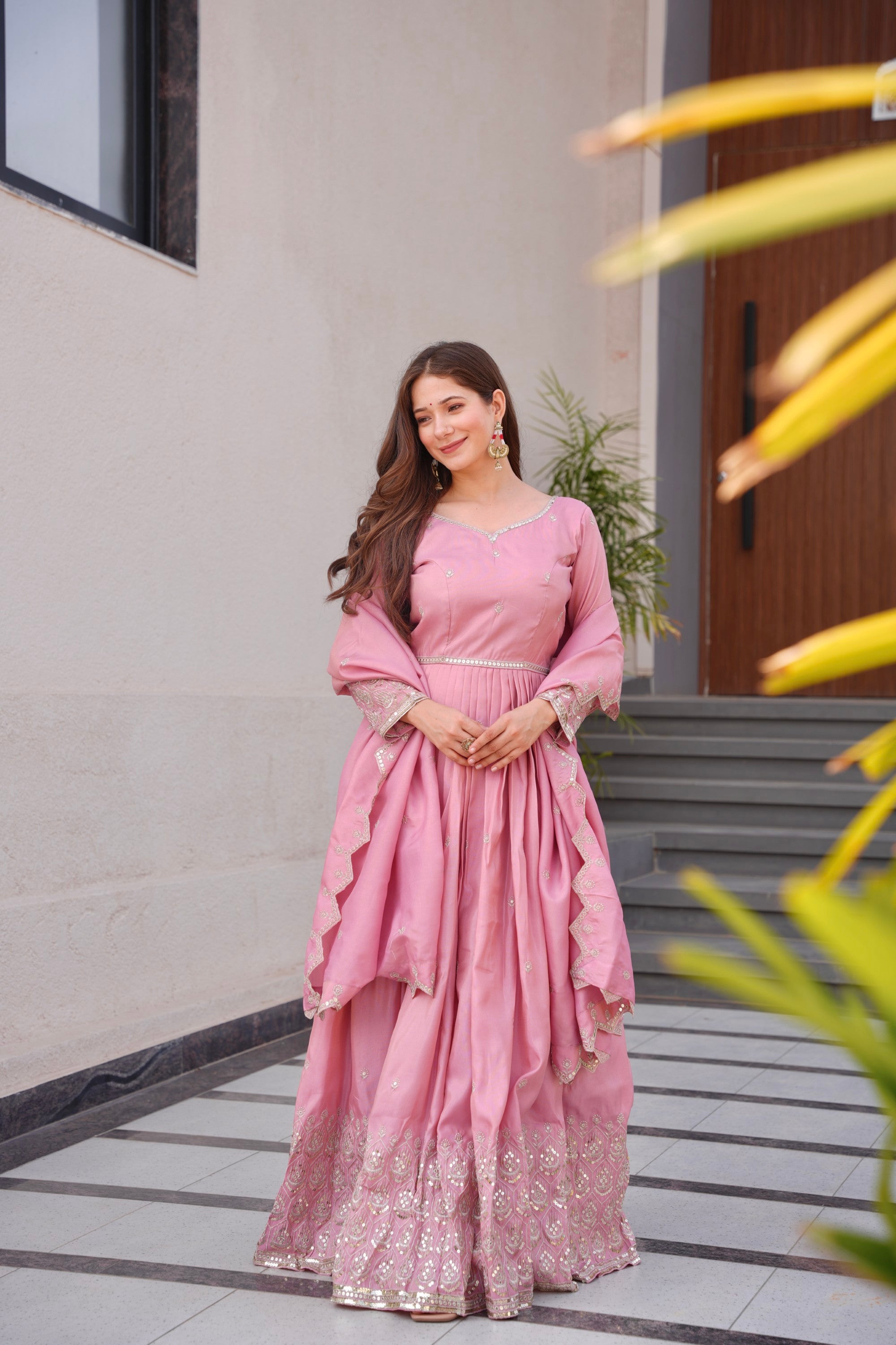 Lorenvalley Fashion Pink Shimmer Silk with Embroidery Sequins Work Anarkali Gown with Dupatta - Distacart