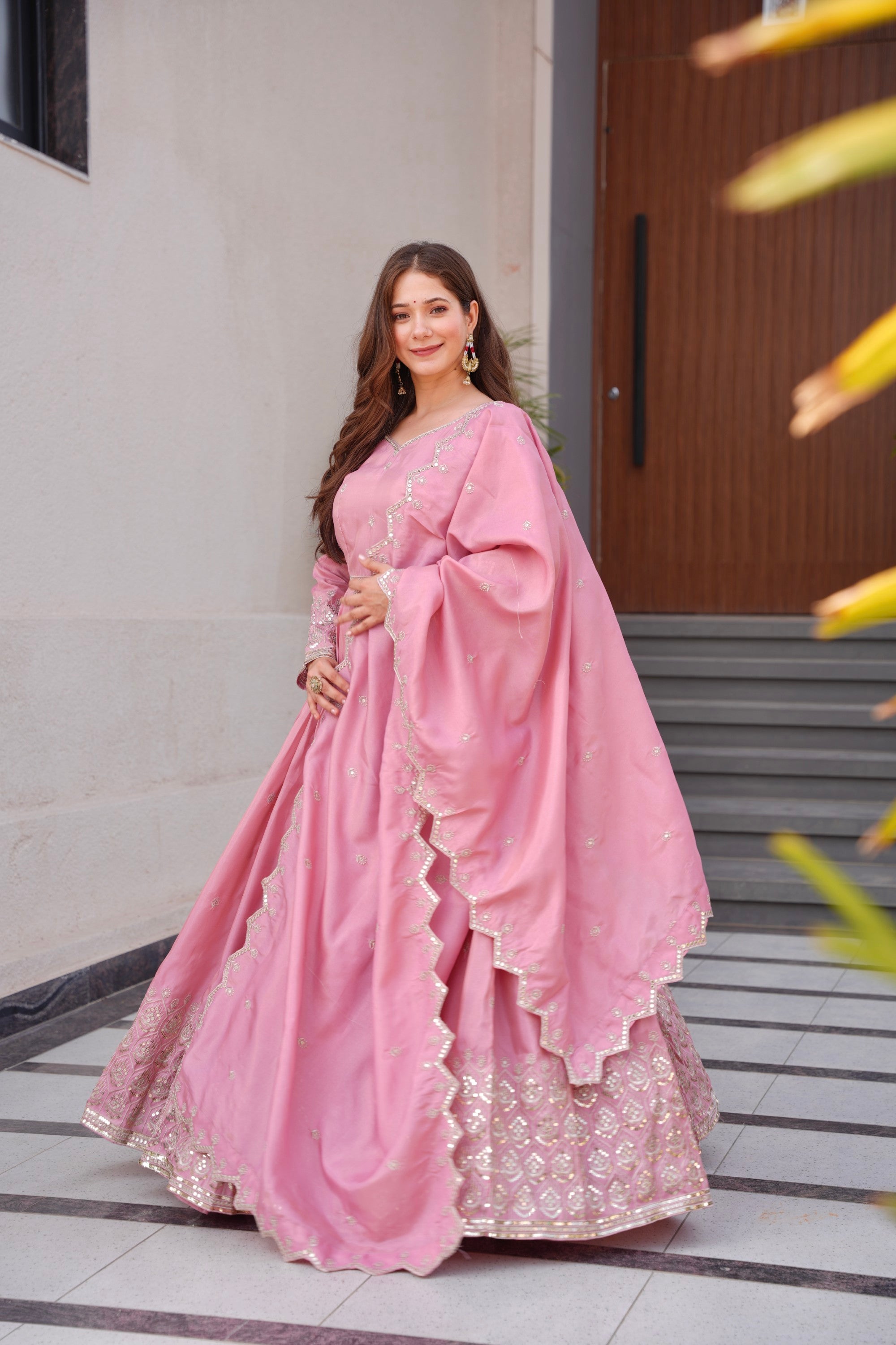 Lorenvalley Fashion Pink Shimmer Silk with Embroidery Sequins Work Anarkali Gown with Dupatta - Distacart